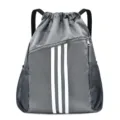 Gray drawstring sports backpack with three stripes, large capacity gym bag for daily use. - Gray