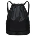 Black waterproof drawstring gym backpack with separate shoe compartment and mesh side pockets. - Black