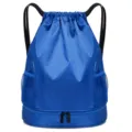 Blue drawstring gym backpack with bottom zipper compartment and mesh side pockets for sports. - Sapphire Blue