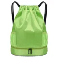 Green waterproof drawstring backpack with bottom wet dry compartment and side mesh pockets. - Green