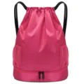 Pink waterproof drawstring gym backpack with separate bottom shoe compartment and mesh pockets. - Rose Red