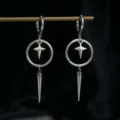 Close-up of silver punk gothic earrings with geometric cone and star detail - Round Cone Tassel Style / Silver