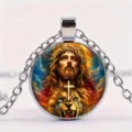 Close-up of glass dome pendant necklace with sacred Jesus and lion illustration - Jesus with Lion and Cross Style (3)