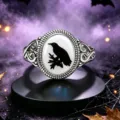 Primer plano de un anillo gótico plateado con una silueta de cuervo negro sobre blanco. - 7 / Plateado