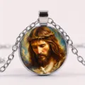 Detailed view of Jesus with crown of thorns in a round glass dome pendant necklace - Jesus and White Dove Peace Style (6)