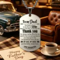Collar de placa grabado para papá en acero con fondo de coche clásico y café caliente - Estilo de Mensaje 3