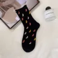 Black rolled-edge mid-tube socks with cute colorful patterns, stylish combed cotton socks for women. - Black