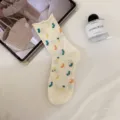 Women Japanese cute rolled edge mid tube socks with colorful pattern cotton casual socks - White