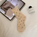 Cute rolled edge mid tube socks for women, stylish cotton casual socks with patterns. - Khaki