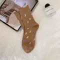 Women brown rolled-edge mid-tube socks with cute mini sock print, soft combed cotton casual daily wear. - Coffee