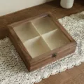 Vintage wooden 4-compartment storage box with patterned glass lid and metal latch - 4-Grid Storage Box Begonia Glass