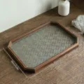 Vintage wooden tea tray with embossed flower glass base, 35x25cm rectangular serving tray - L / 35x25x2cm