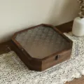 Vintage walnut wood storage box with embossed glass lid and metal latch, 23x23x6cm - Octagonal Storage Box / Extra Large (23x23x6cm)