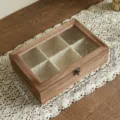 Vintage wooden storage box with 6 compartments and patterned glass lid for jewelry - Large 6-Grid Storage Box Begonia Glass
