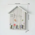 Wooden house-shaped key holder with floral pattern, three hooks, and dimension markings - High-end room key box - white