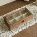 Vintage wooden jewelry storage box with 6 compartments and glass lid, 26x13.5x6.5cm - Small 6-Grid Storage Box Begonia Glass