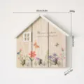 Rustic wooden house-shaped key hook with floral print and size markings for entry decor - Low-profile key lock box - natural wood finish