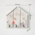 Wooden house-shaped key rack with 25cm length, featuring floral designs and 3 hooks - Low-profile key lock box - white