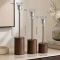 Three-piece set of Nordic wood base candle holders with dimensions and weight specs. - Style with Bells