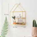 Gold house-shaped iron wall shelf with wood boards and dimension markings - House Shape Double Layer / Gold
