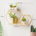 Modern gold hexagonal iron floating wall shelf with wood board for home display - Connected Hexagon / Gold