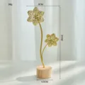 Elegant Nordic style gold metal flower sculpture with wooden base, 21cm desktop ornament - Hollow Double Six-Leaf Flower Ornament / Gold