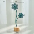 Modern Nordic teal iron flower decorative ornament with round wooden base, 21cm tall tabletop decor - Hollow Double Six-Leaf Flower Ornament / Navy Blue