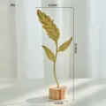 Nordic golden iron leaf desktop ornament with wooden base and dimensions - Y05 Three-Feather Leaf Ornament / Gold