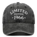 Detail view of a vintage black washed cotton baseball cap featuring white 1966 embroidery - Adjustable / Black