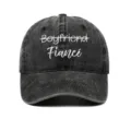Close-up detail of 'Fiancé' white embroidery on washed black vintage baseball cap - Adjustable / Black (Fiance)