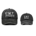 Juego de gorras de béisbol a juego para padres e hijos en mezclilla con bordado Cat Mom - Cat Mom & Mini / Set de 2 / Negro