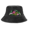 Vintage washed black denim bucket hat with colorful floral hand-embroidery detail - Adjustable / Black