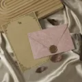 Vintage stationery writing paper and envelope set detail shot with retro aesthetic design. - Cherry Blossom Pink: 3 Envelopes + 10 Kraft Rabbit Letter Papers + 3 Seals (Soft Rubber) / Sakura Pink