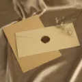 Nahaufnahme des Retro Leinen Briefumschlag und Briefpapier Sets mit Siegel und Trockenblume. - 3 Leinen Gelbe Umschläge + 10 Kraft Liniert Briefpapiere + 3 Wachssiegel