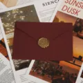 Enveloppe triangulaire rouge foncé vintage avec cachet de cire doré détail lettre. - Enveloppe Rouge Jujube 1pc + Sceau de Cire Bronze 1pc