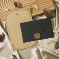 Detailed shot of vintage kraft stationery set, black envelope and wax seal on satin background. - 3 Cashmere Charcoal Black Envelopes + 10 Kraft Rabbit Letter Papers + 3 Wax Seals