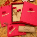 Romantic Valentine's gift box stationery set with red envelopes, cards and retro scroll. - Red Rose Premium Letter Set 10