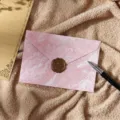 Detail d'enveloppe texture marbre rose avec sceau de cire elegant pour lettres d'amour. - 1 enveloppe rose dorée avec 1 sceau de cire (matériau de cire à cacheter)