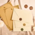 Close up of retro stationery set with textured envelopes, rabbit paper and wax seals. - Envelope With Kraft Rabbit Letter Paper And Seal Sticker