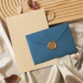 Vintage style blue envelope and lined stationery paper set with elegant wax seal, detail view. - Envelope and Letter Paper Set / Sapphire Blue