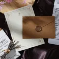 Retro vintage stationery set with brown texture envelope and lined writing paper for letters. - Brown Linen 1 Envelope + 1 Letter + Wax Seal