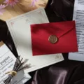 Vintage linen texture envelope and letter paper set with gold wax seal for love letters. - Red Linen 1 Envelope + 1 Letter + Wax Seal