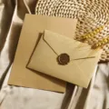 Nahaufnahme Detailansicht des Vintage Retro Sackleinen Textur Briefpapier Umschlag Sets. - 3 gelbe Leinenumschläge + 10 Blatt liniertes Kraftpapier + 3 Wachssiegel