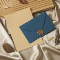 Detailed view of vintage stationery set with blue envelope, kraft lined paper and wax seal. - Cashmere Royal Blue: 3 Envelopes, 10 Kraft Lined Letter Sheets and 3 Wax Seals