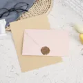 Detailed view of pink envelope with vintage wax seal stamp and lined stationery paper. - 3 Light Pink Envelopes + 10 Kraft Lined Letter Papers + 3 Wax Seals / Light Pink