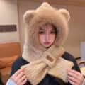 Cute plush bear ear hooded scarf for women, warm winter thick fleece hat and neck warmer. - Hats - 039