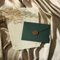 Ensemble de papeterie rétro vintage avec enveloppe vert foncé, sceau de cire et papier ligné. - Vert