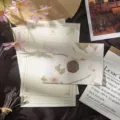 Retro floral brocade stationery set with embossed envelopes and lined writing paper for letters. - 3 Envelopes + 10 Sheets + 3 Wax Seals / Lausanne Beige Pattern