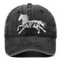 Macro view of detailed floral horse embroidery on a vintage washed cotton baseball cap - Adjustable / Black