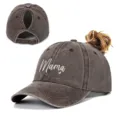 Washed brown ponytail baseball cap with Mama heart embroidery detail - Adjustable / Coffee